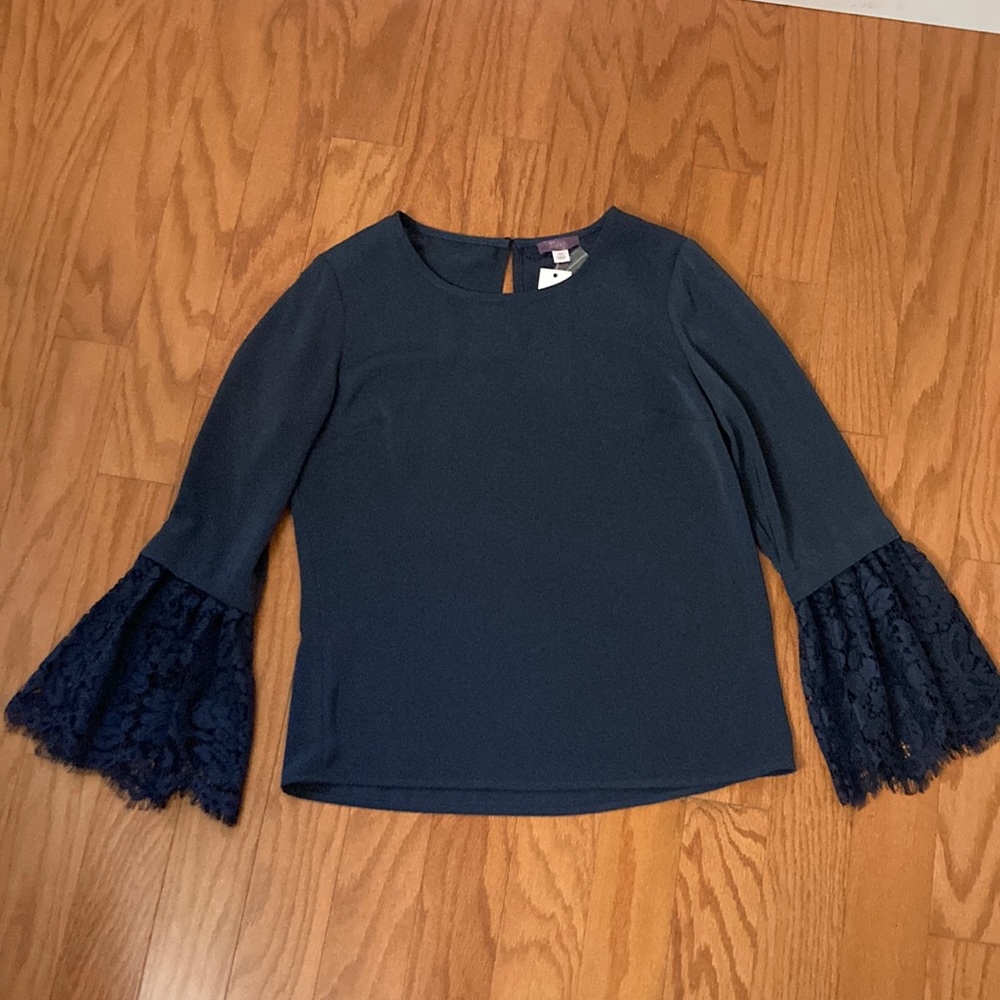 Navy blouse with lace sleeves